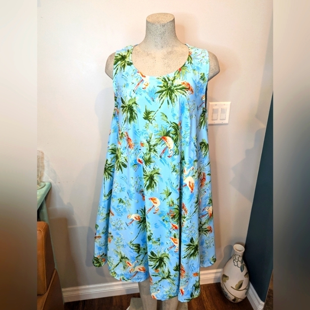 Blue tropical trapeze dress, lightweight One size fits Medium-1x